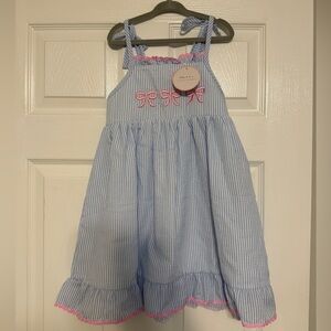 Blue Seersucker Sundress with Pink Trim and Bows